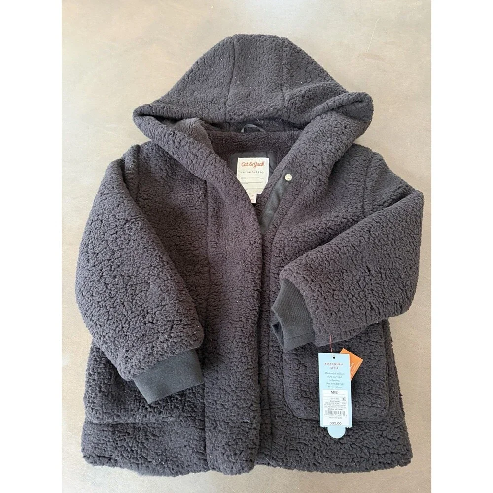 Girls' Faux Shearling Jacket Cat & Jack Black size M jacket coat hooded cozy top